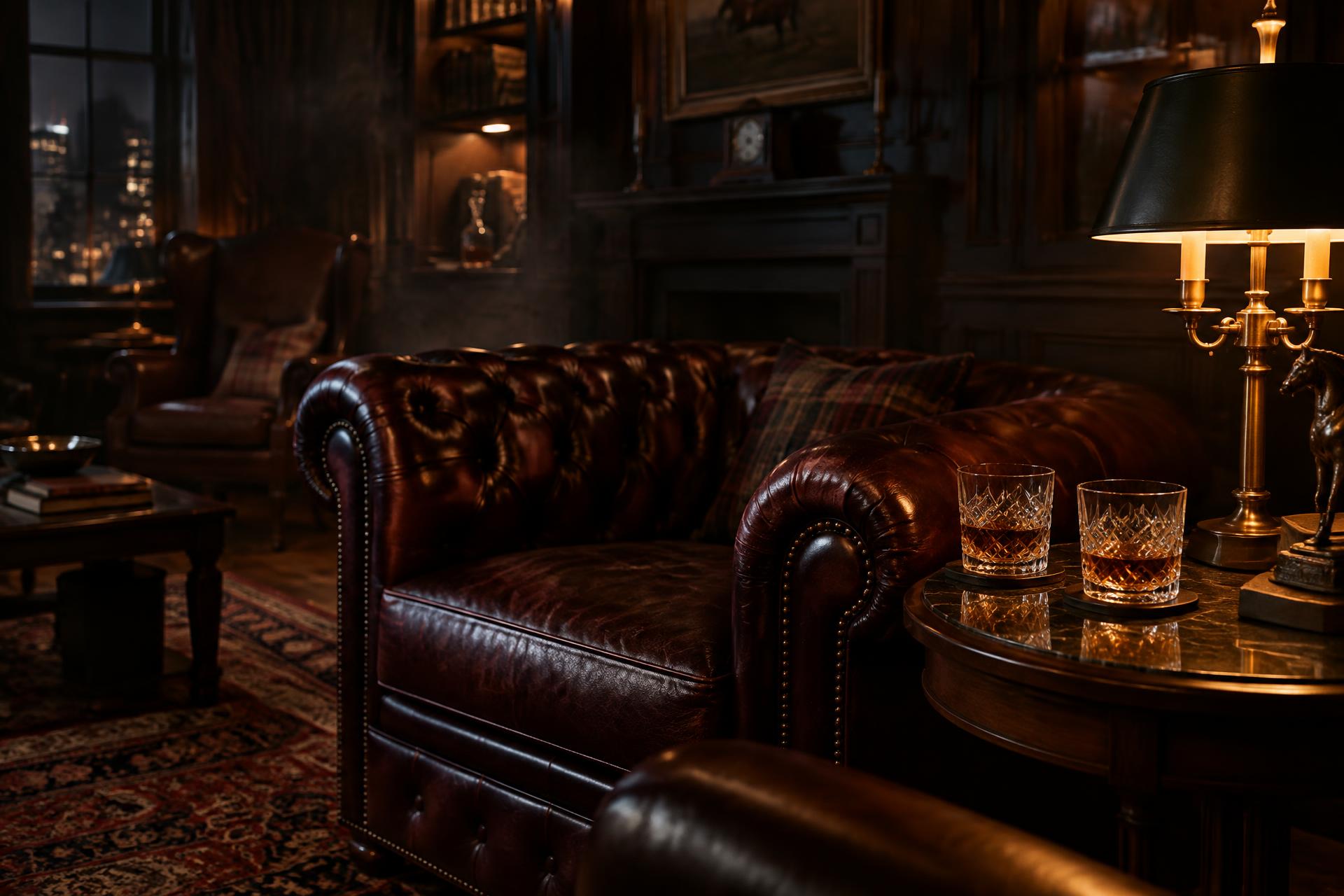 Donkere clublounge met leren fauteuils en warm messinglicht